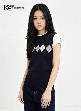 K2 ONLINESTORE 韩系学院风菱格提花短袖T女黑色休闲显瘦百搭上衣