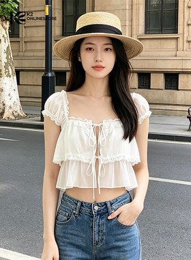 K2 ONLINESTORE 法式蕾丝花边系绳吊带开衫女装白色透视短款上衣