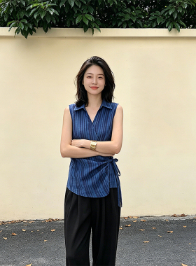 K2 ONLINESTORE时尚蓝色条纹翻领背心衬衫女系带收腰通勤百搭上衣