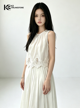 K2 ONLINESTORE法式蕾丝花边圆领无袖背心女白色宽松显瘦百搭上衣