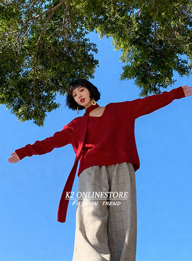 K2 ONLINESTORE 简约复古红色飘带v领毛衣女日常宽松休闲百搭上衣
