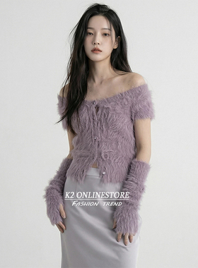 K2 ONLINESTORE纯欲紫色仿马海毛露肩套袖开衫女气质修身短款上衣