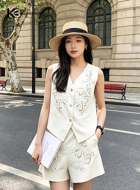 K2 ONLINESTORE 老钱风花边拼贴马甲背心女经典显瘦松紧短裤套装