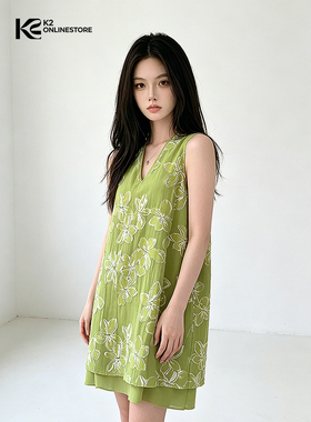 K2 ONLINESTORE 南法风印花v领背心连衣裙女夏季绿色宽松显瘦短裙