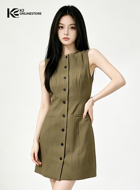 K2 ONLINESTORE 法式简约单排扣圆领背心连衣裙女气质显瘦短裙子