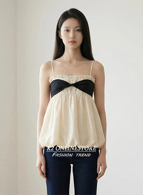 K2 ONLINESTORE 法式黑色拼接木耳边吊带女简约休闲显瘦百搭上衣