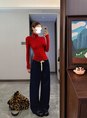 K2 ONLINESTORE 复古红色高领长袖打底衫女简约日常修身百搭上衣