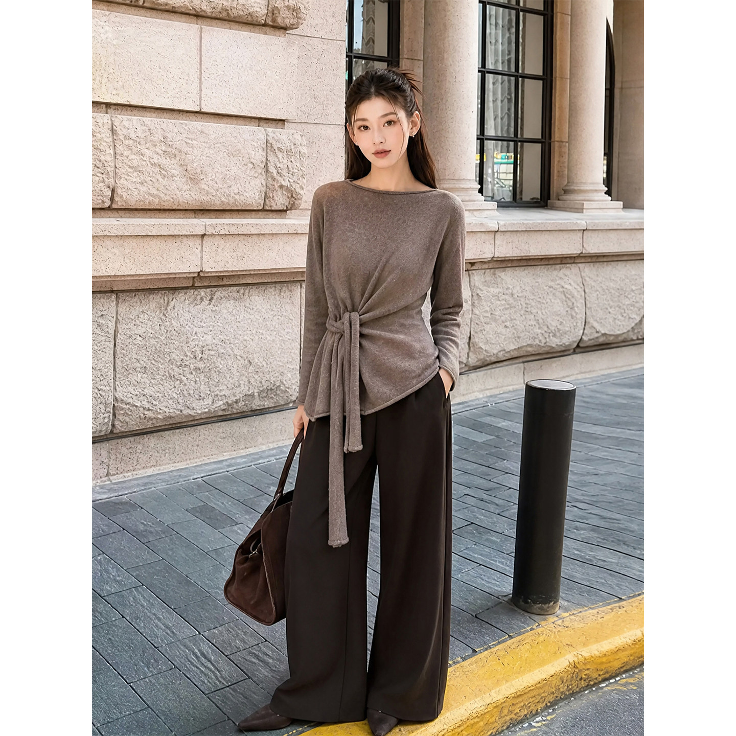 K2 ONLINESTORE 法式系带收腰显瘦针织衫女秋冬小众修身圆领上衣