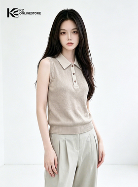 K2 ONLINESTORE时尚简约撞色翻领无袖背心女日常通勤百搭针织上衣