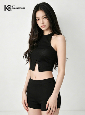 K2 ONLINESTORE 时尚辣妹开叉无袖针织背心女装黑色修身百搭上衣