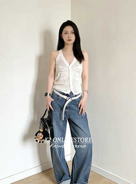 K2 ONLINESTORE 小众设计感提花v领白色背心女装气质修身针织上衣