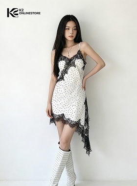 K2 ONLINESTORE 性感黑色蕾丝拼接v领吊带连衣裙女不规则休闲短裙