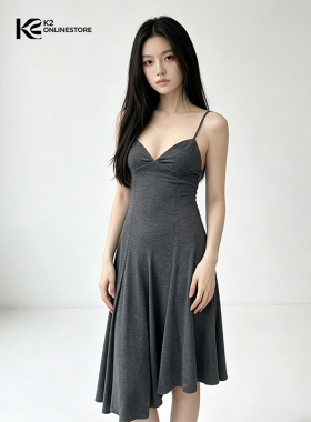 K2 ONLINESTORE 法式不规则v领吊带连衣裙女灰色高级气质修身短裙