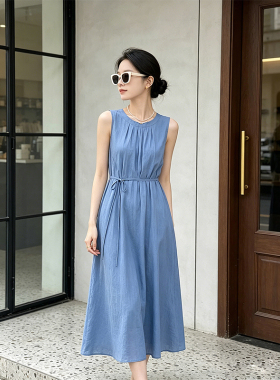 K2 ONLINESTORE 时尚简约圆领背心连衣裙女夏季蓝色系绳收腰长裙