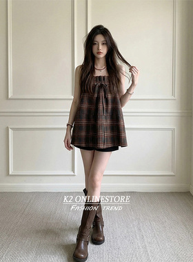 K2 ONLINESTORE复古辣妹格纹露肩抹胸背心女小众宽松显瘦百搭上衣