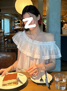 K2 ONLINESTORE 韩系荷叶边一字领短袖小衫女装减龄休闲显瘦上衣