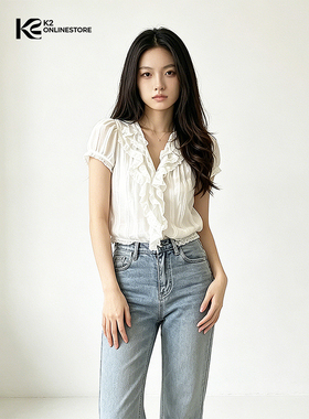 K2 ONLINESTORE 法式荷叶花边v领短袖衬衫女白色宽松休闲百搭上衣