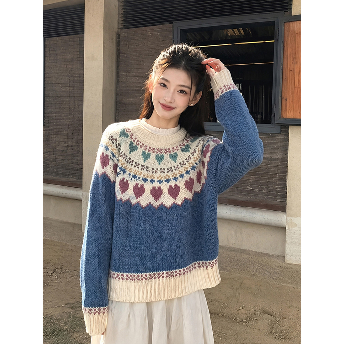 K2 ONLINESTORE 韩系氛围感爱心提花圆领毛衣女复古费尔岛针织衫