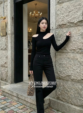 K2 ONLINESTORE 辣妹不规则镂空半高领针织衫女性感黑色修身上衣