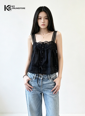 K2 ONLINESTORE 纯欲风蕾丝花边吊带背心女黑色宽松显瘦百搭上衣