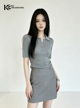 K2 ONLINESTORE 时尚简约纽扣翻领短袖针织衫女灰色修身百搭上衣