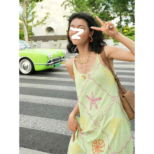 夏日多巴胺印花u领吊带连衣裙