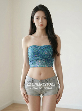 K2 ONLINESTORE 千禧辣妹蓝色印花露肩抹胸背心女小众裹胸短上衣