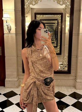 K2 ONLINESTORE 法式条纹印花荡领上衣女设计感系带包臀短裙套装