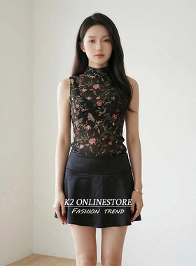 K2 ONLINESTORE复古千禧花卉印花网纱无袖背心女黑色透感修身上衣