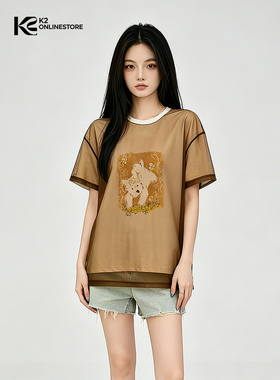 K2 ONLINESTORE 韩系狗狗印花网纱拼接短袖T恤女日常宽松百搭上衣
