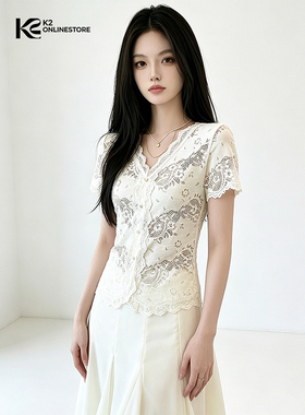 K2 ONLINESTORE 性感蕾丝花边单排扣v领小衫女装白色气质修身上衣