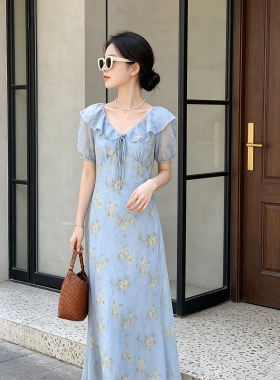 K2 ONLINESTORE 法式蓝色印花系带v领连衣裙女荷叶边收腰显瘦长裙