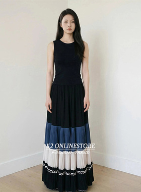 K2 ONLINESTORE云南民族风蓝色拼接压褶半身裙女松紧收腰显瘦裙子
