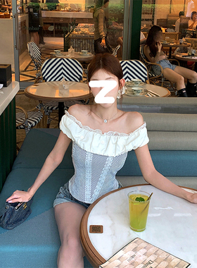 K2 ONLINESTORE 韩系条纹拼接露肩一字领小衫女夏季减龄修身上衣