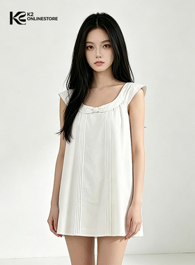 K2 ONLINESTORE韩系简约蝴蝶结圆领背心连衣裙女白色宽松显瘦短裙