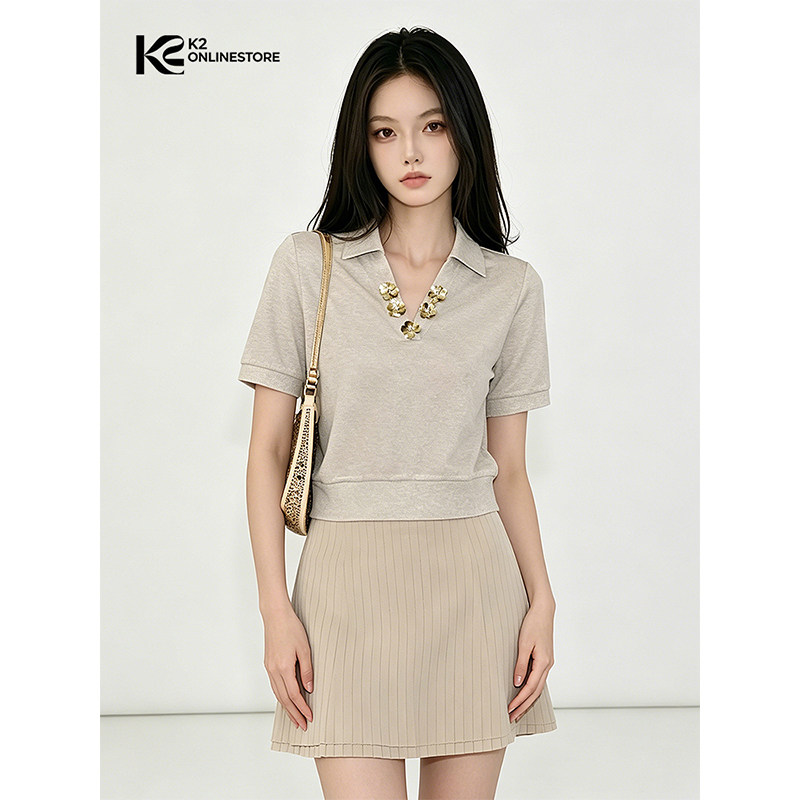 K2 ONLINESTORE 法式小花装饰v领短袖针织衫女装通勤百搭休闲上衣