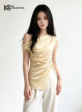 K2 ONLINESTORE 纯欲风褶皱纽结露肩斜领背心女黄色气质修身上衣
