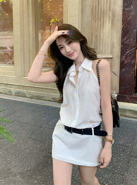 K2 ONLINESTORE 时尚白色Polo领挂脖连衣裙女气质收腰显瘦短裙子