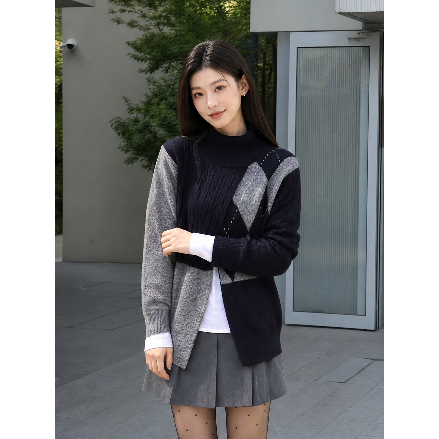 K2 ONLINESTORE 复古学院风格纹撞色立领针织衫女26秋冬显瘦毛衣