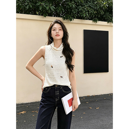 小众设计感珠片高领针织背心上衣