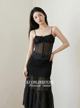 K2 ONLINESTORE 法式网纱波点褶皱吊带背心女黑色款透视修身上衣