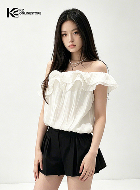 K2 ONLINESTORE法式白色荷叶边露肩一字领衬衫女白色舒适百搭上衣