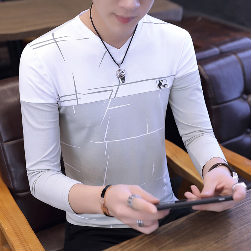 秋季男士长袖T恤韩版修身薄款打底衫潮男秋装新款上衣纯棉体恤衫