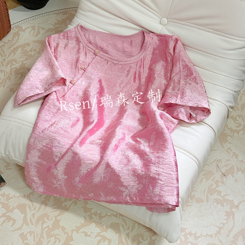 2670 新中式国风圆形短袖T恤上衣纯色提花小衫