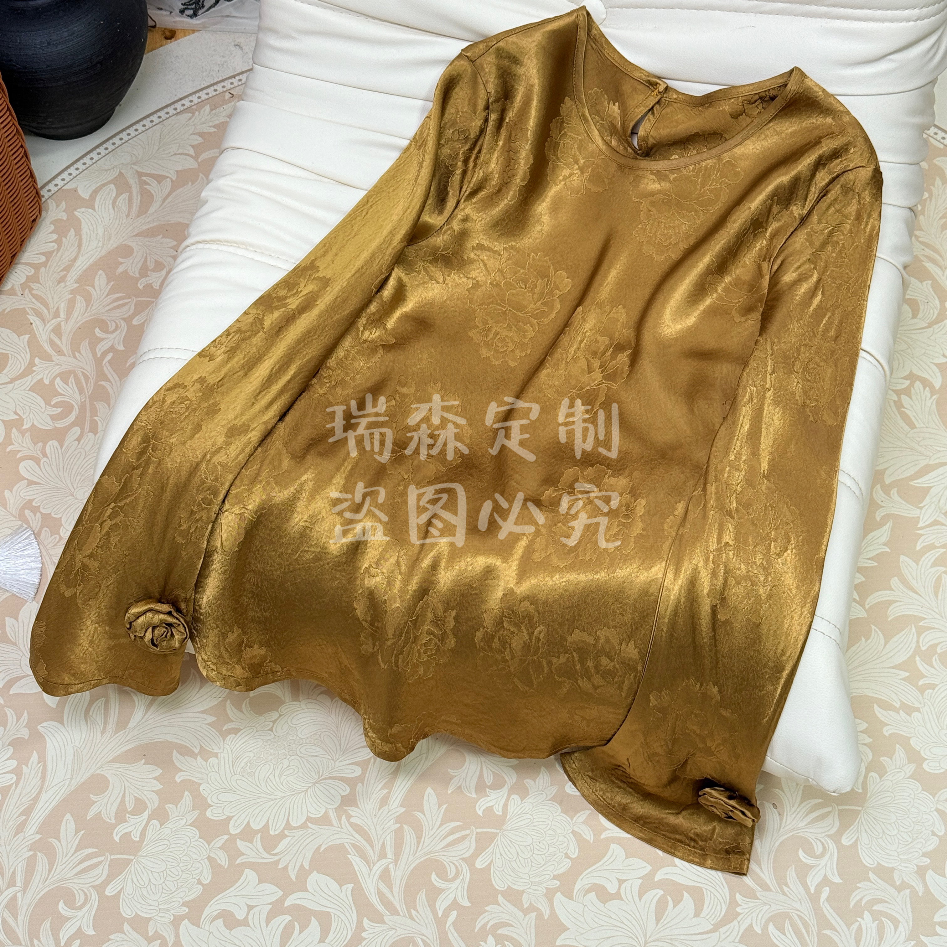 854 纯色圆领斜裁提花长袖打底衫上衣T恤-胸围98-衣长62