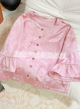 2608 纯色国风圆领中袖开衫上衣T恤气质百搭