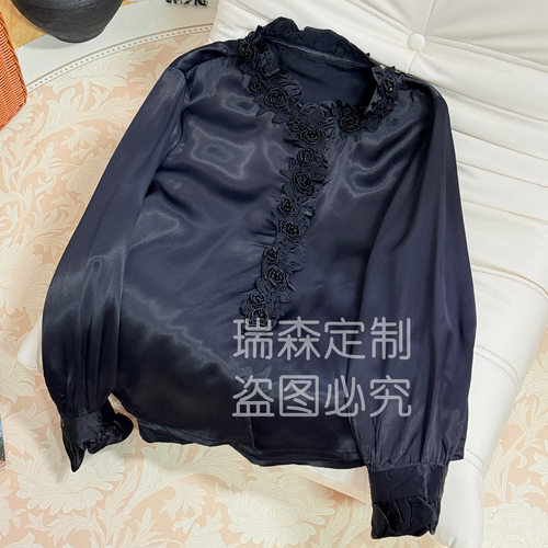 827 重工串珠皮子料国风长袖衬衫上衣T恤-胸围100-衣长55