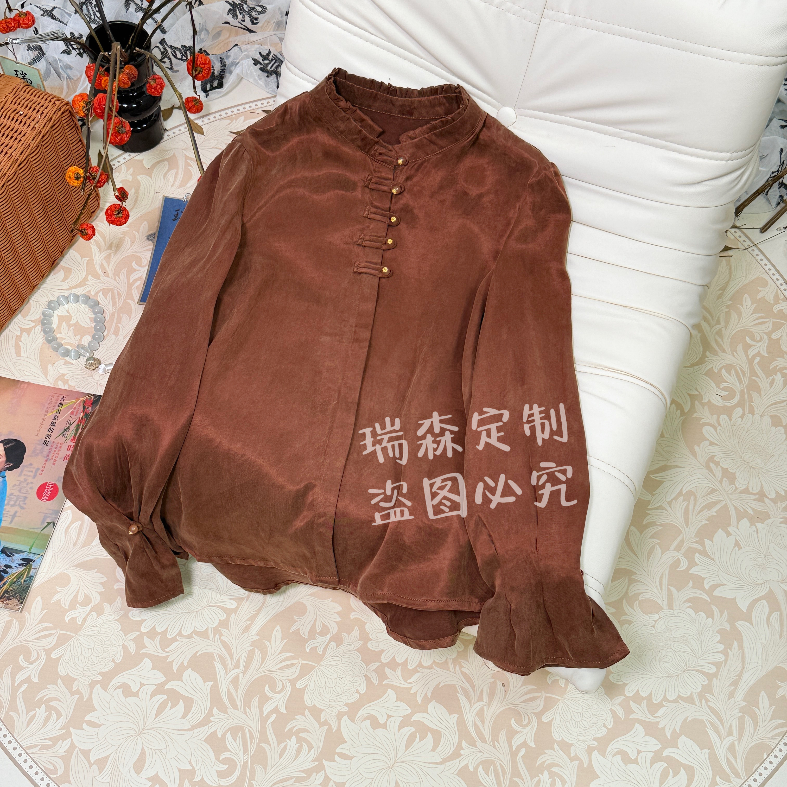 1039 中式国风木耳边立领长袖衬衫上衣T恤-胸围100-前长60-后63
