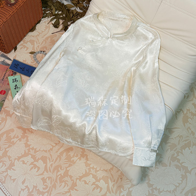 894 早秋立领改良旗袍长袖衬衫纯色提花上衣-胸围98-前长58后62