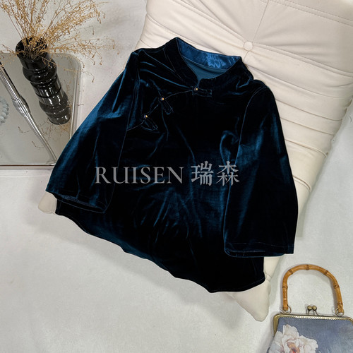 845 复古国风纯色丝绒旗袍上衣中袖早秋T恤